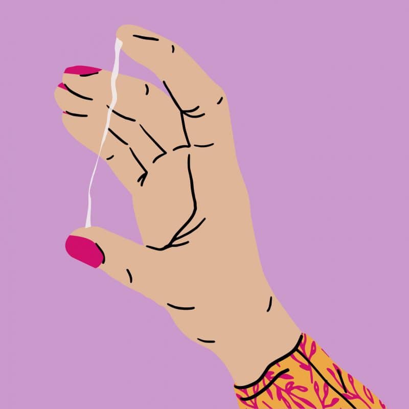 Finger zeigen Zervixschleimkonsistenz vor der Ovulation