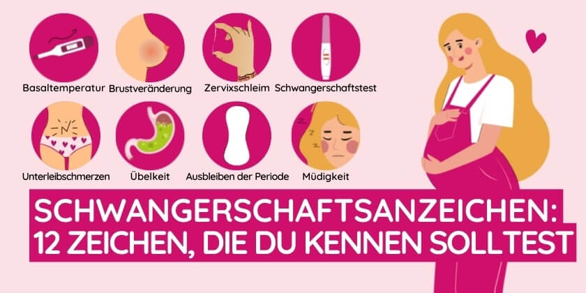 Schwangere Frau mit Schwangerschaftsanzeichen wie Zervixschleim und Schwangerschaftstest