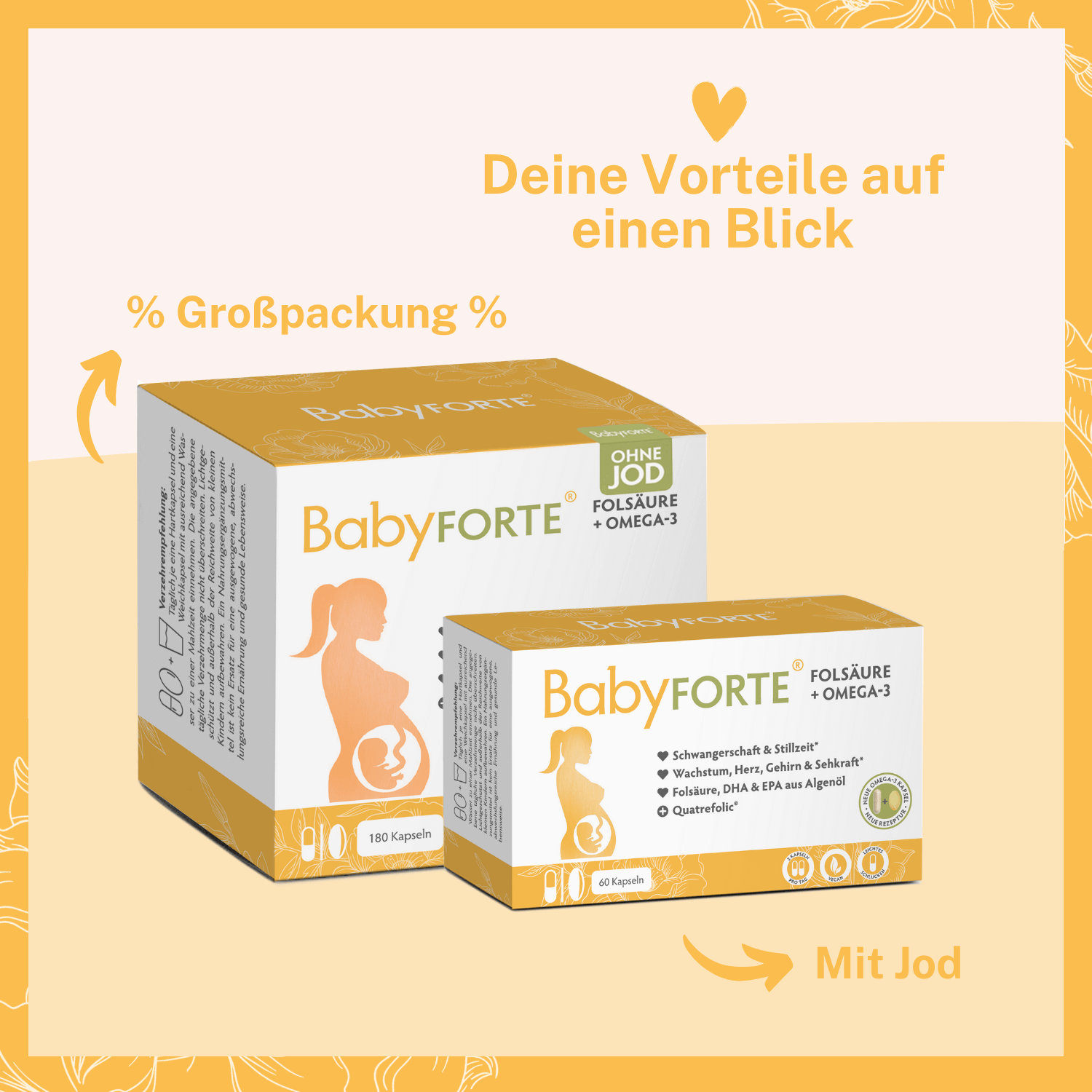 BabyFORTE Folsäure + Omega-3 auch als Großpackung und ohne Jod.