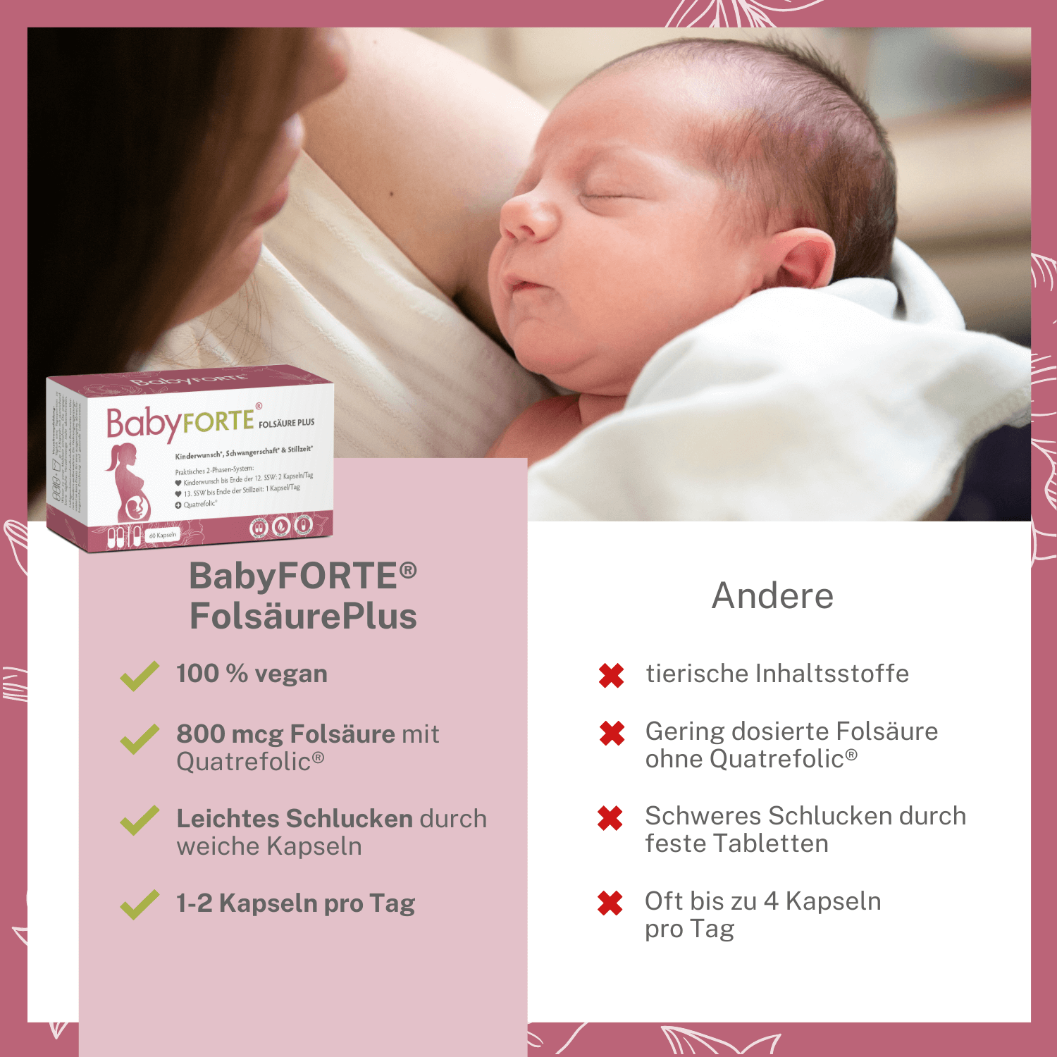Qualitätsmarkmale von BabyFORTE FolsäurePlus im Vergleich zu anderen Kinderwunschvitamine