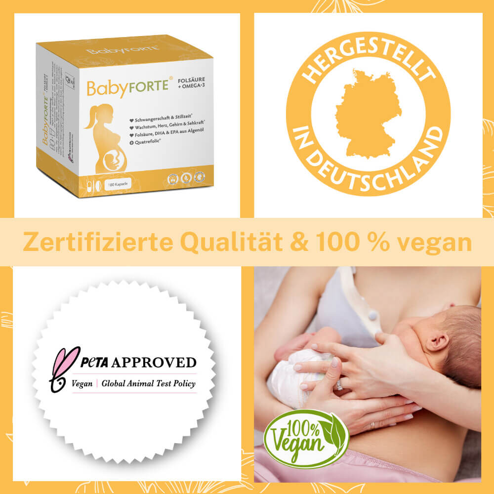 BabyFORTE Folsäure + Omega-3, 16 Mikronährstoffe, Magnesium, Jod, Vitamin B12, Vitamin C, Vitamin D, DHA, EPA