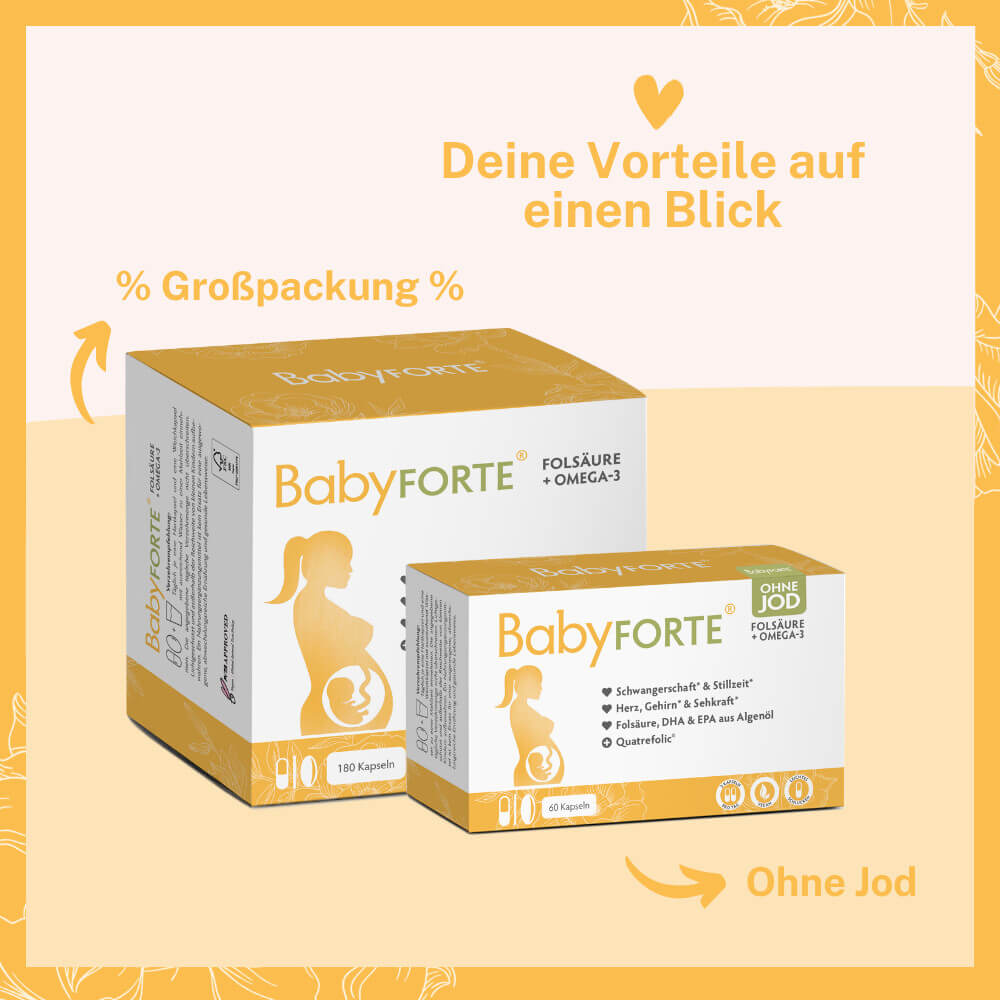 BabyFORTE Folsäure + Omega-3 auch als Großpackung und ohne Jod.