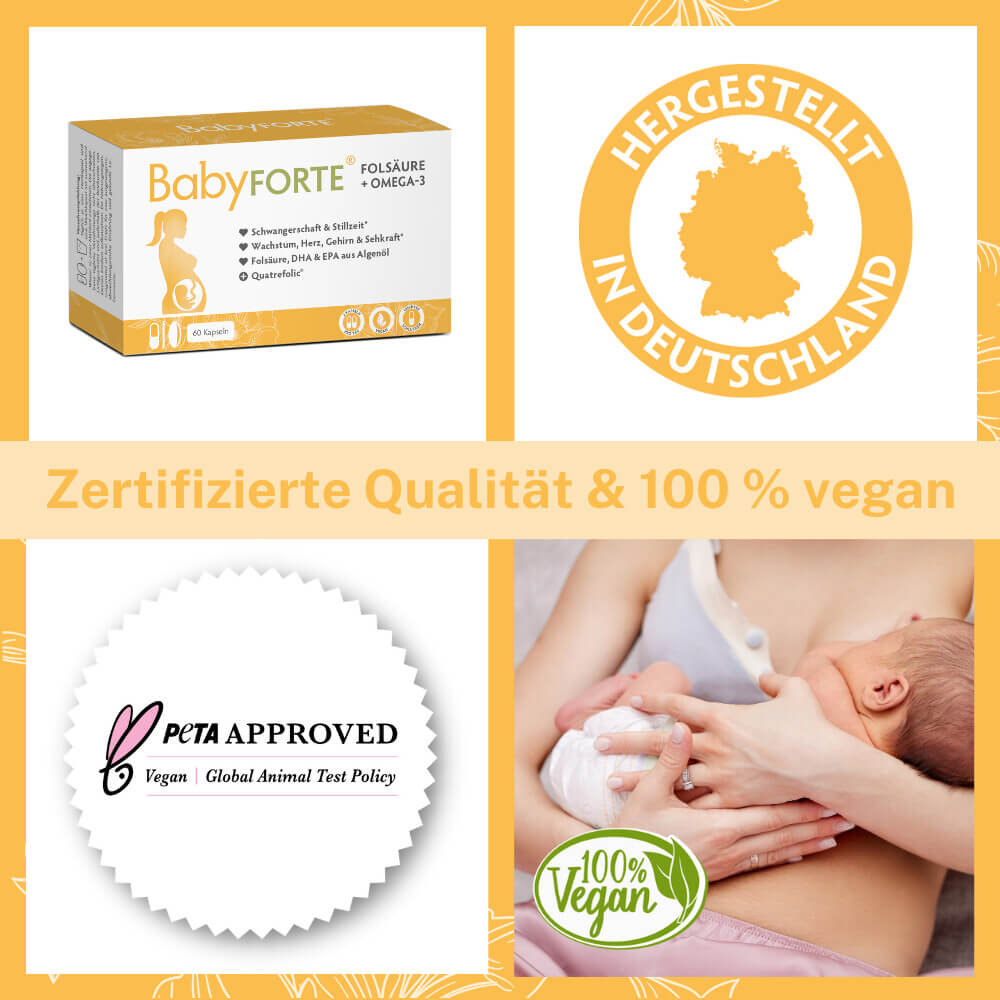 BabyFORTE Folsäure + Omega-3, 16 Mikronährstoffe, Magnesium, Jod, Vitamin B12, Vitamin C, Vitamin D, DHA, EPA