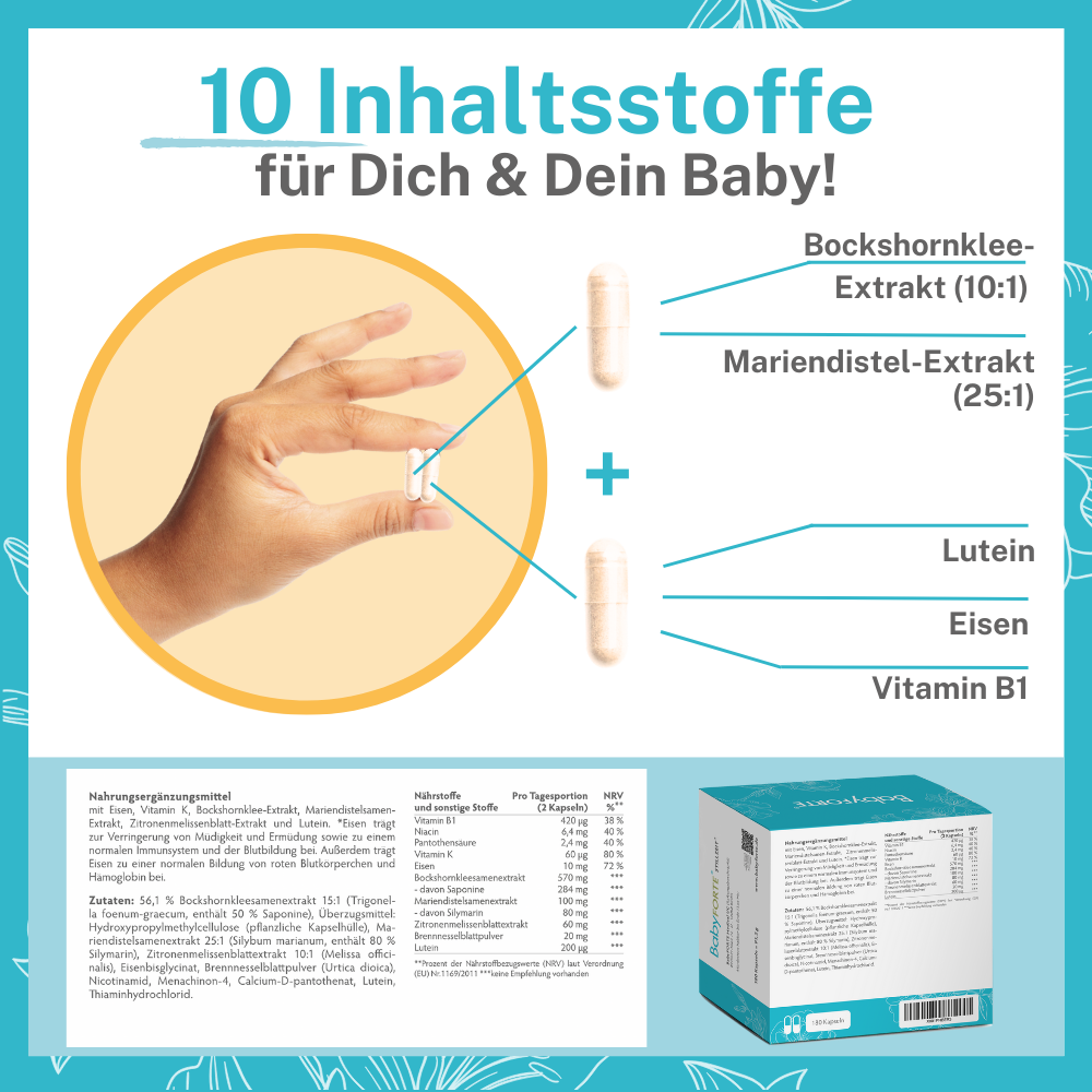 Vorteile auf einen Blick: BabyFORTE Stillzeit mit 5 wichtigen Inhaltsstoffen für Dich & Dein Baby.