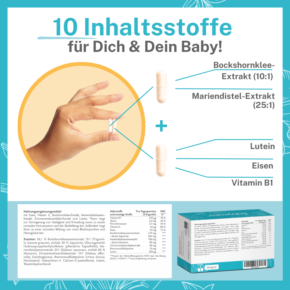 Vorteile auf einen Blick: BabyFORTE Stillzeit mit 5 wichtigen Inhaltsstoffen für Dich & Dein Baby.