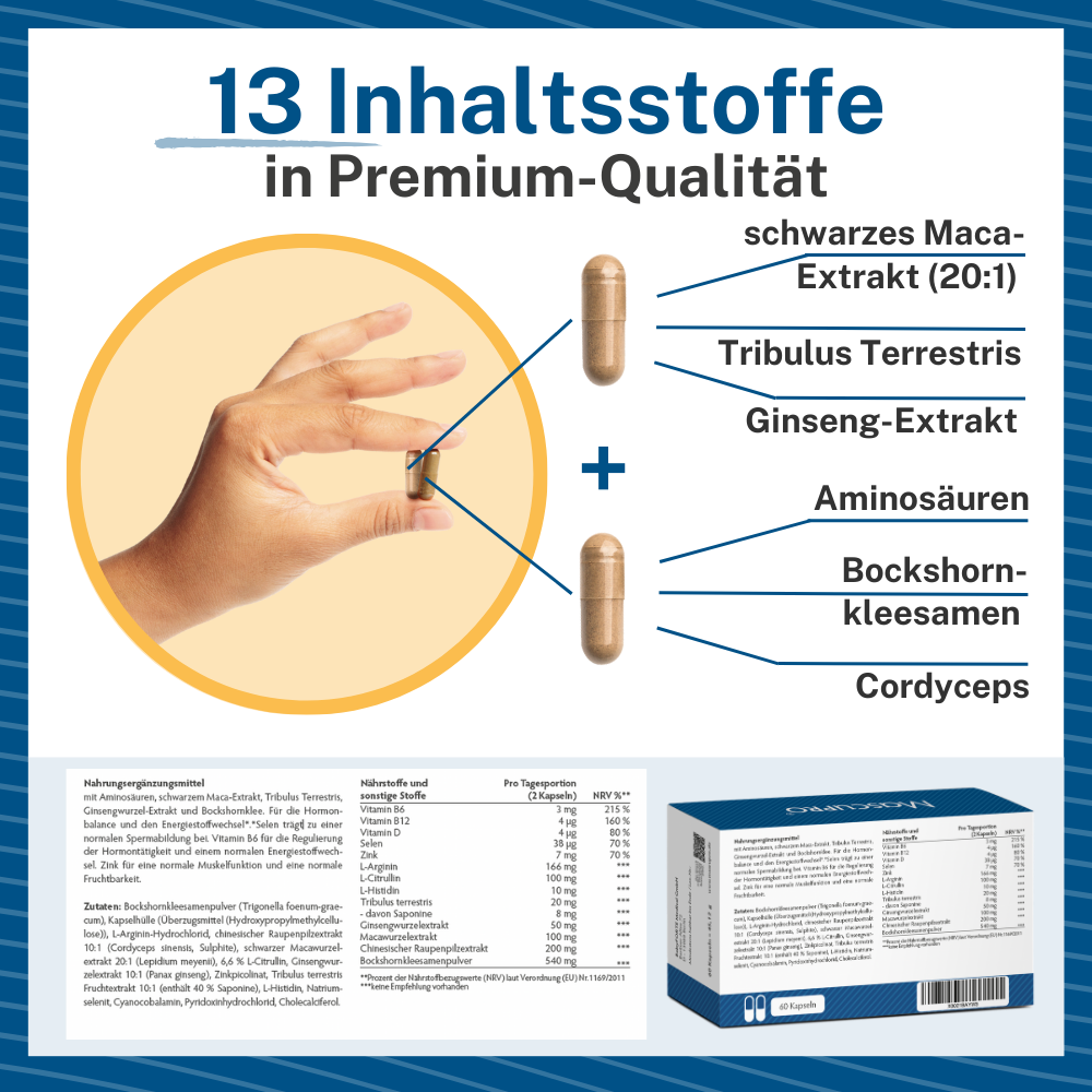 MascuPro Mann & Kraft, 13 Inhaltsstoffe in Premium Qualität, wie schwarzes Maca-Extrakt, Tribulus Terrestris, Ginseng-Extrakt, Aminosäuren, Bockshornkleesamen, Cordyceps