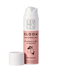 Leometics Bloom Porstnatal Bodylotion, Vorderseite Verpackung mit Deckel daneben
