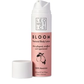 Leometics Bloom Porstnatal Bodylotion, Vorderseite Verpackung mit Deckel daneben