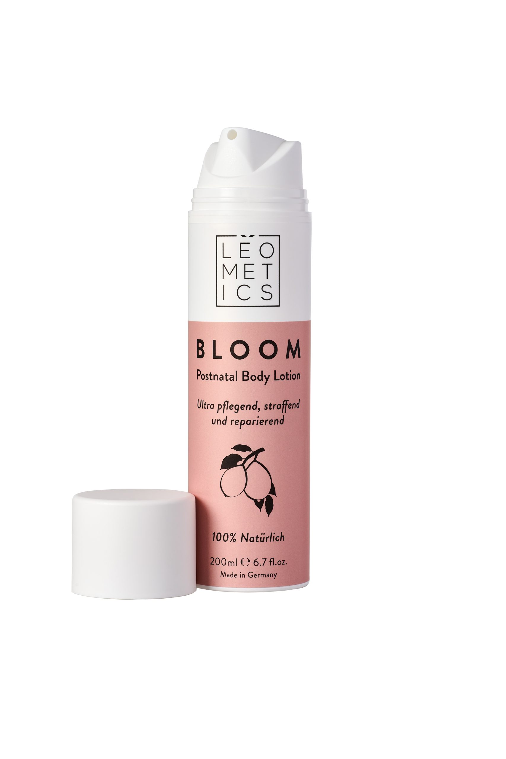 Leometics Bloom Porstnatal Bodylotion, Vorderseite Verpackung mit Deckel daneben