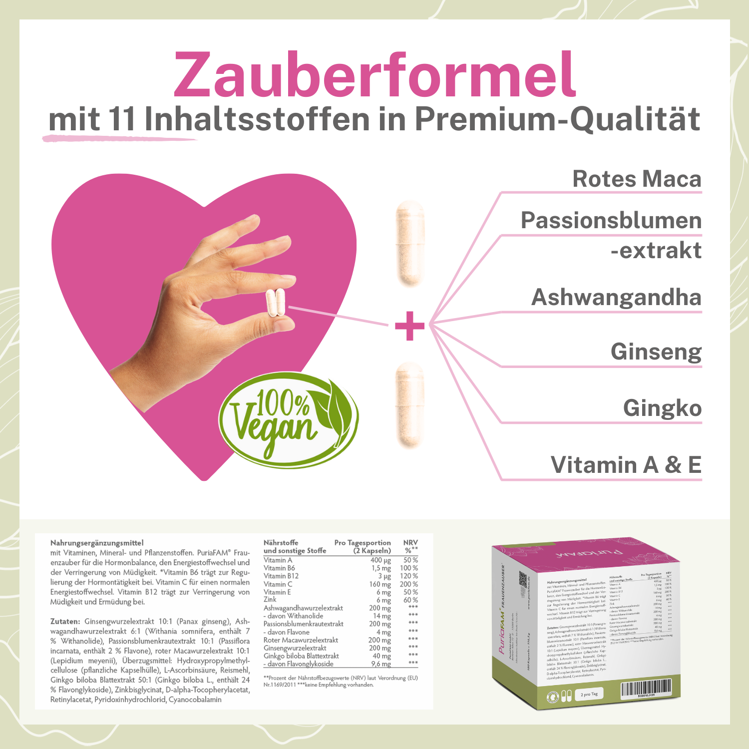 PuriaFAM Frauenzauber mit hochwertigen Vitaminen, wie roter Maca, Passionsblume, Ashwagandha und Ginseng