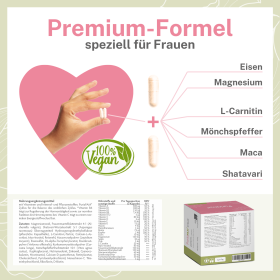 PuriaFAM Zyklus mit hochwertigen Vitaminen, wie Eisen, Magnesium, Mönchspfeffer und Maca