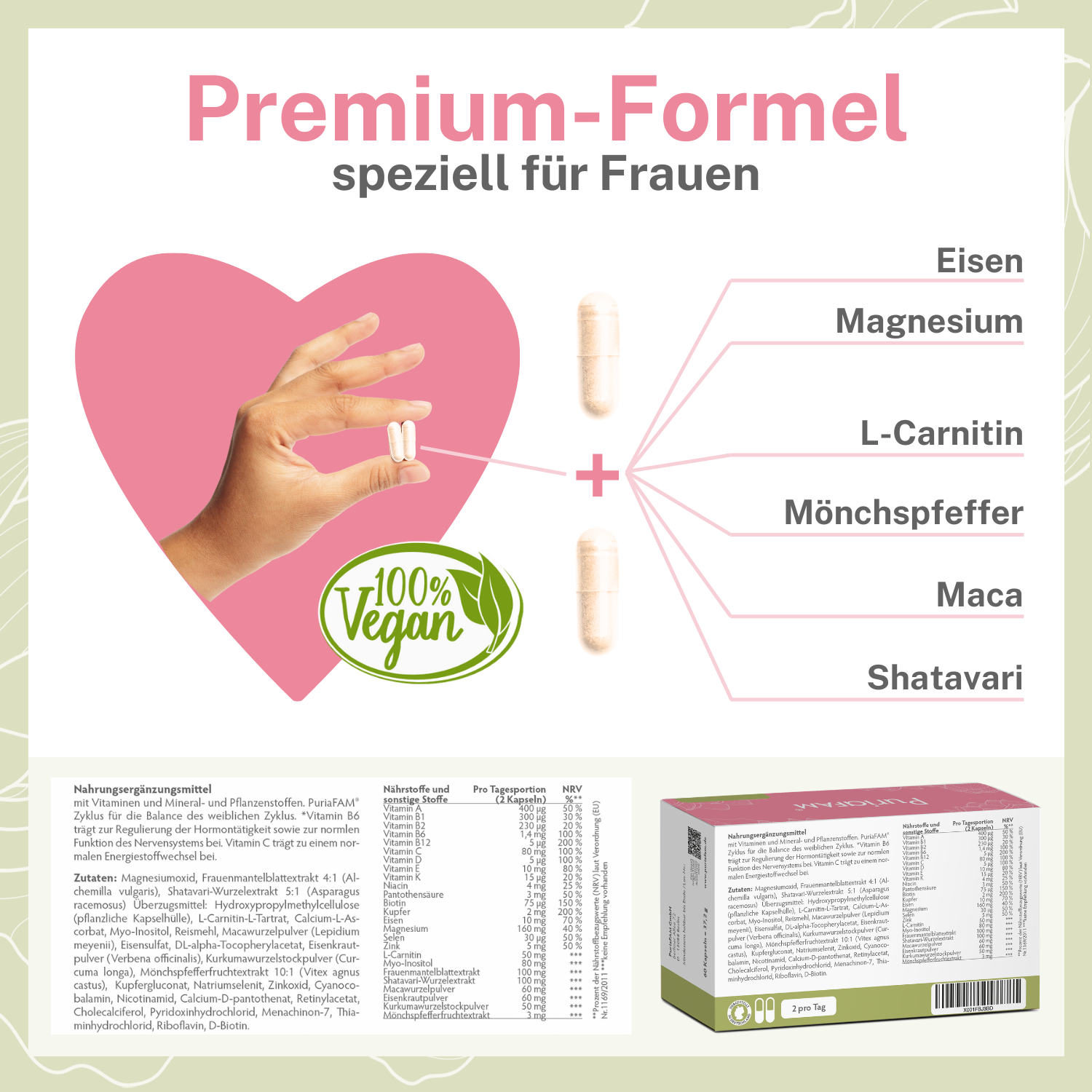 PuriaFAM Zyklus mit hochwertigen Vitaminen, wie Eisen, Magnesium, Mönchspfeffer und Maca