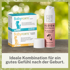 Ideale Kombination für ein gutes Gefühl nach der Geburt: Leometics Bloom Porstnatal Bodylotion und BabyFORTE Still-Freude