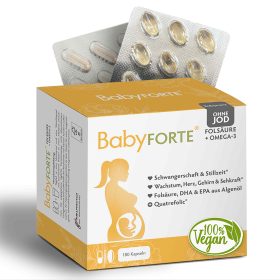 BabyFORTE Folsäure + Omega-3 ohne Jod, 180 Kapseln, Vorderseite Verpackung