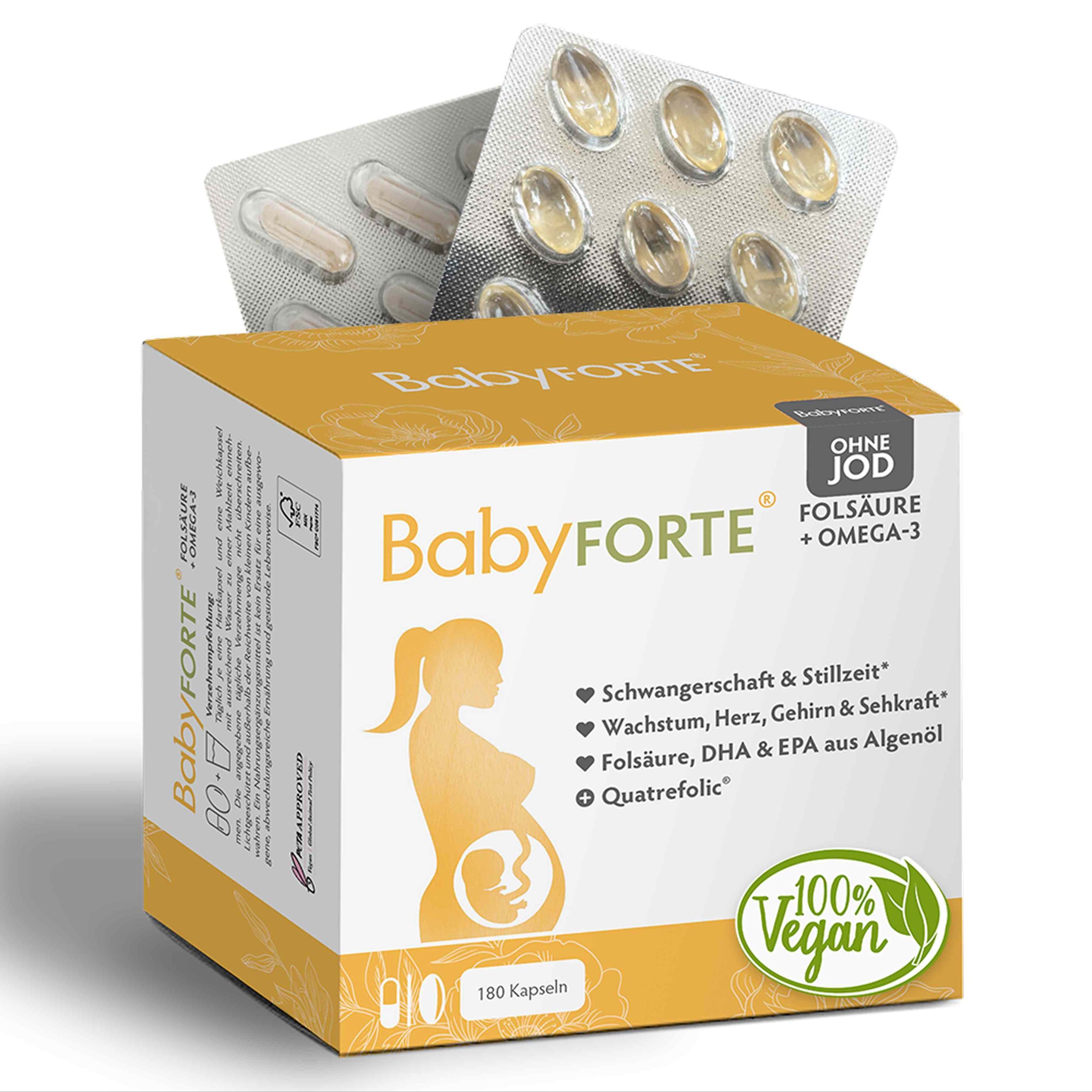 BabyFORTE Folsäure + Omega-3 ohne Jod, 180 Kapseln, Vorderseite Verpackung