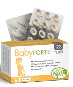 BabyFORTE Folsäure + Omega-3 ohne Jod, 60 Kapseln, Vorderseite Verpackung